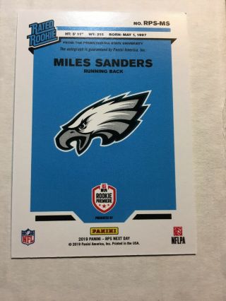 2019 Panini National MILES SANDERS Rated Rookie NEXT DAY Auto Autograph 3