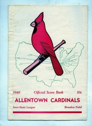 1948 Allentown Cardinals Minor League Baseball Program Score Book Ex,  Cond.