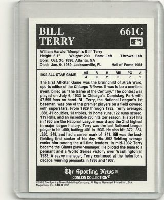 1992 Conlon Card Bill Terry 661g Gold