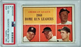 1961 Topps Al Home Run Leaders 44 Psa 4 Vg - Ex Mickey Mantle Roger Maris Lemon