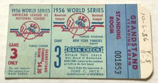 Vintage 1956 World Series Ticket Stub York Yankees Brooklyn Dodgers Game 3