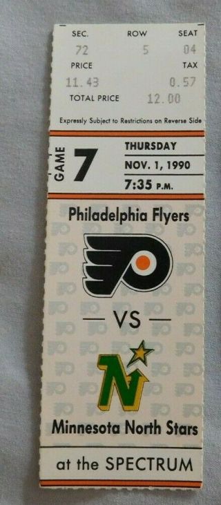1990 Philadelphia Flyers Vs Minnesota North Stars 11/1/90 Ticket Stub