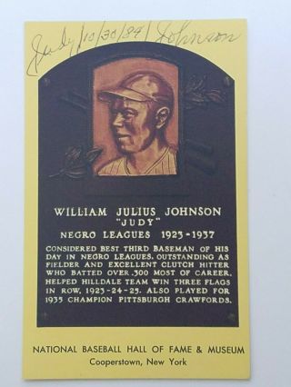 Judy Johnson (dated) Autographed Hall Of Fame Hof Yellow Plaque Postcard