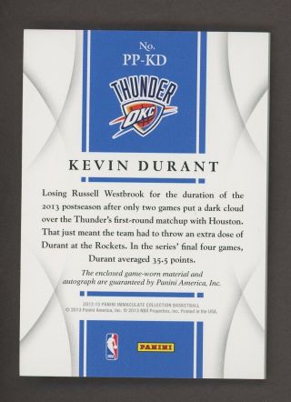 2012 - 13 Immaculate Premium Kevin Durant Thunder 3 - Color Patch AUTO 35/75 2
