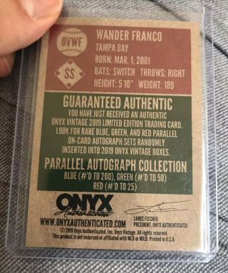 2019 Wander Franco Auto /25 Onyx Red Ink Rookie Auto ’d To 25 RC On Card 2 2