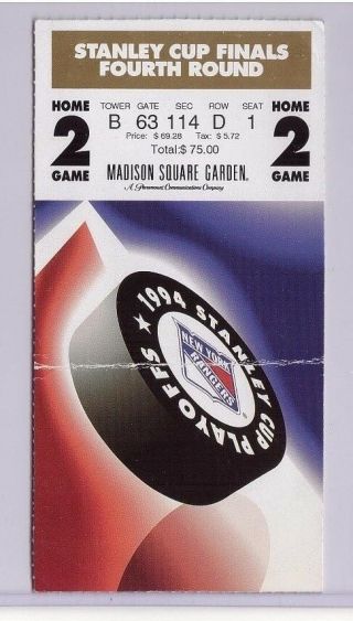 Ny Rangers 1994 Stanley Cup Finals Game 2 Ticket Vs Vancouver Canucks