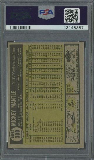 1961 Topps 300 Mickey Mantle York Yankees HOF PSA 7 NM 