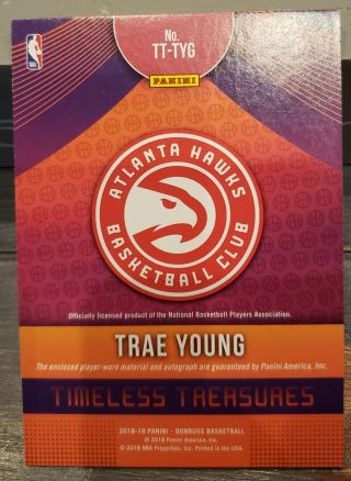 2018 - 19 Donruss Timeless Treasures Trae Young Relic Auto 65/99 2