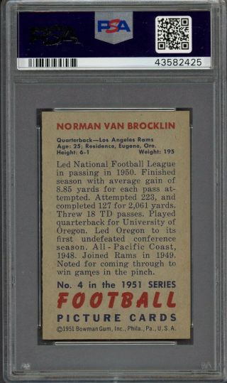 1951 Bowman Football 4 Norm Van Brocklin RC Rookie HOF PSA 8 