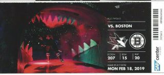 Boston Bruins Vs San Jose Sharks Ticket Stub 2/18/19 -