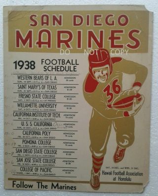 1938 Poster Football Schedule.  San Diego Marines Games,  Honolulu Hawaii,