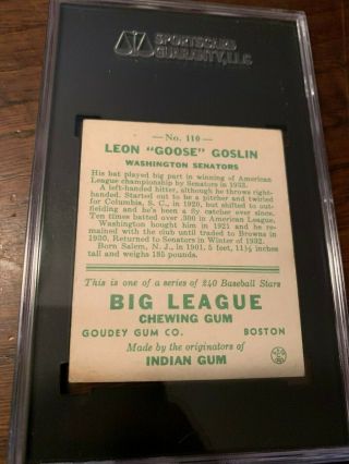 1933 GOUDEY GUM CO.  110 GOOSE GOSLIN WASHINGTON SENATORS BASEBALL CARD SGC 3 VG 2