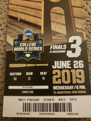 2019 College World Series Ticket Stub Finals G3 Michigan vs Vanderbilt 2