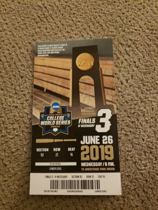 2019 College World Series Ticket Stub Finals G3 Michigan vs Vanderbilt 3