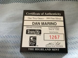 Dan Marino 1 Ounce.  999 Fine Silver Medallion Highland Miami Dolphins 3