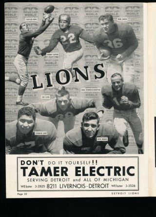 EX PLUS 9/26/1954 Bears at Lions NFL Program - Doak Walker 2 TD ' s 4