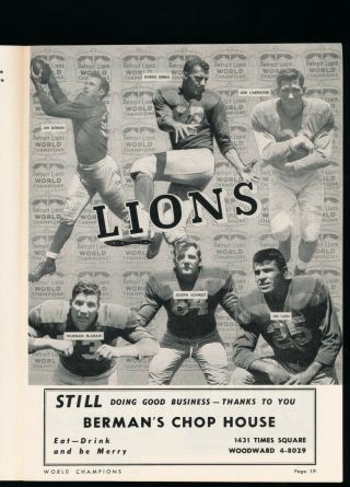 EX PLUS 9/26/1954 Bears at Lions NFL Program - Doak Walker 2 TD ' s 5