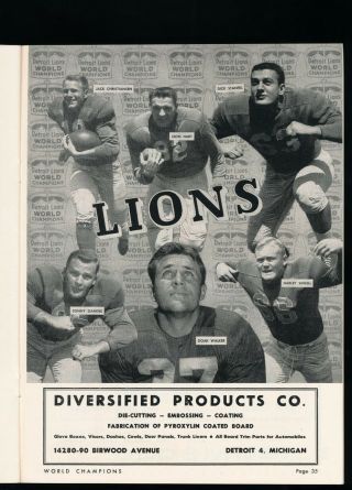 EX PLUS 9/26/1954 Bears at Lions NFL Program - Doak Walker 2 TD ' s 6