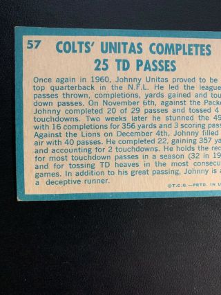 1961 Topps Football Card 57 Johnny Unitas IA 
