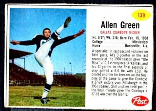 1962 Post Cereal Football 139 Allen Green Dallas Cowboys Ex Raisin Bran 10oz