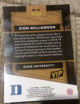 2019 Panini The National Zion Williamson 94 Gold pack VIP 2