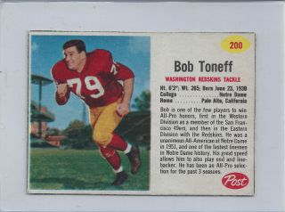 1962 Post Cereal Football 200 Bob Toneff Washington Redskins