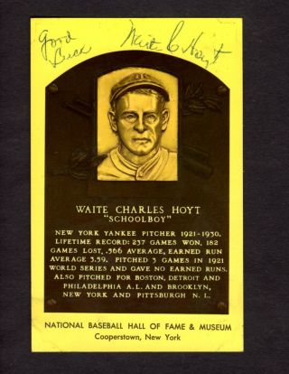 Waite Hoyt Signed Yellow Hof Plaque Postcard Autographed