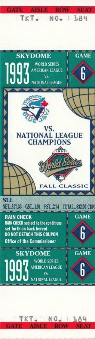 1993 World Series Joe Carter Famous Home Run Full Ticket Game 6,  Jays Vs Philly