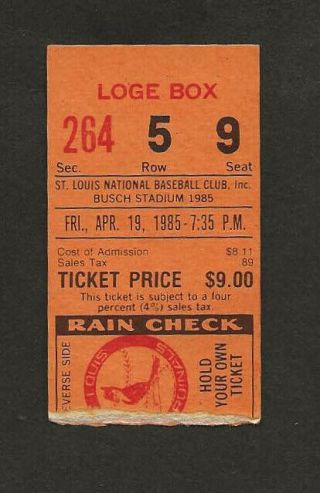 St Louis Cardinals Ticket Stub April 19,  1985 Art Howe 