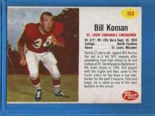 1962 Post Cereal Football Card 153 Bill Koman (sp) - St.  Louis Cardinals