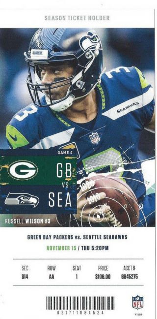 Green Bay Packers Vs Seattle Seahawks Ticket Stub 11/15/18 -