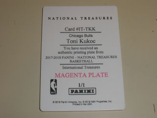 2017 - 18 National Treasures International Toni Kukoc Magenta Printing Plate 1/1