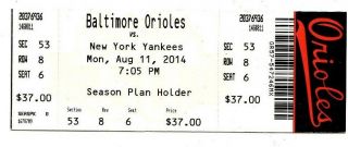 2014 Orioles Vs Yankees Ticket Stub 8/11 Derek Jeter Passes Wagner Hit Ss 1 Tm