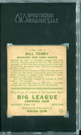 1933 Goudey Bill Terry RC ROOKIE CARD 125 GRADED SGC 1.  5 FR HOF GIANTS 2
