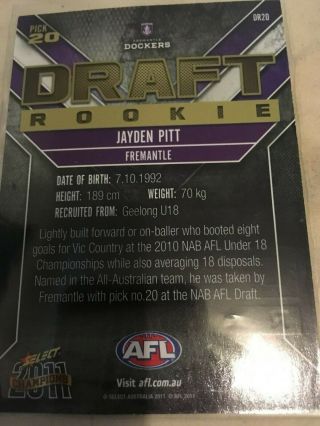AFL 2011 SELECT Champions Draft Rookie Card (DR20) Jayden Pitt Fremantle Dockers 2