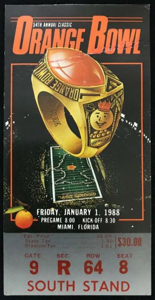 1988 Orange Bowl 54 Annual Classic Football Ticket Stub Hurricanes Vs Sooners