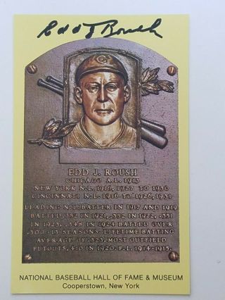 Edd Roush Autographed Hall Of Fame Hof Yellow Plaque Postcard