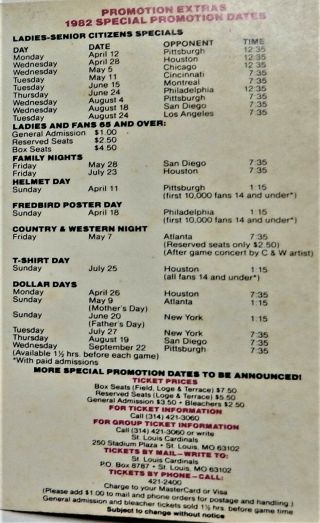 ST LOUIS CARDINALS 1982 Pocket Schedule Budweiser Busch Ticket Prices Promotions 4