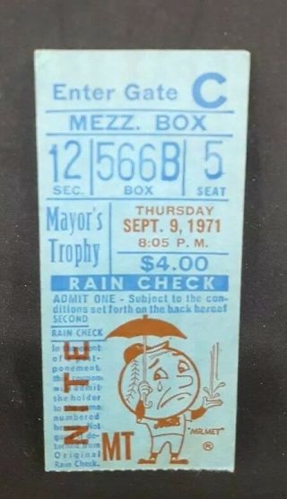 9/9/1971 Mets Vs Yankees Ticket Stub Mayor’s Trophy Game