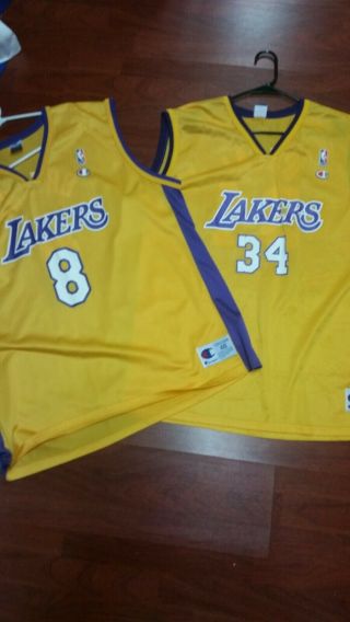 2 Vintage Champion Nba Los Angeles Lakers Kobe Bryant Shaq Jersey Gold Sz48