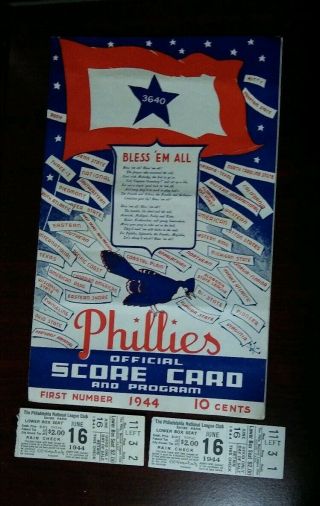 1944 phillies Official Score Card with (2) ticket stubs to same game 2