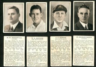 1934 Australian Licorice Cricketers Cards Woodfull,  Brown,  Kippax,  Ironmonger