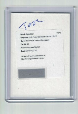 2018 - 19 National Treasures Donovan Mitchell Colossal Material Auto Autograph /99
