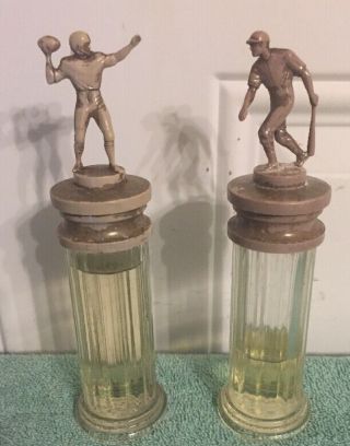 2 Vtg 1950s/60s Aqua Velva Shave Glass Bottles Base - Football Player Trophy Top
