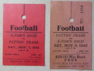 Four Wwll Era Elizabethtown High School Football Ticket Stubs,  War Bond Drawing
