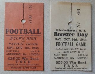 Four WWll Era Elizabethtown High School Football Ticket Stubs,  War Bond Drawing 3