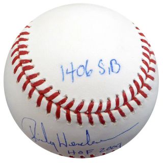 Rickey Henderson Autographed MLB Baseball A ' s With Stats Steiner SS037947 2