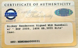 Rickey Henderson Autographed MLB Baseball A ' s With Stats Steiner SS037947 7