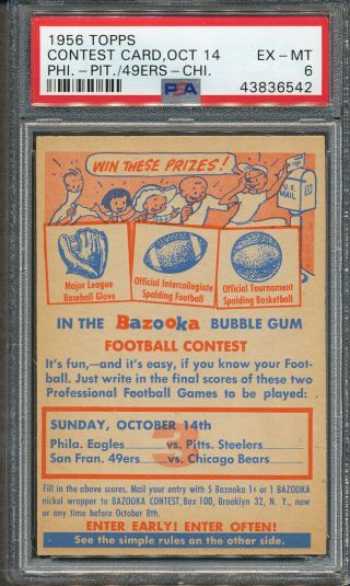 1956 Topps Contest Card Oct 14 Eagles Steelers 49ers Bears Psa Ex - Mt 6 6542