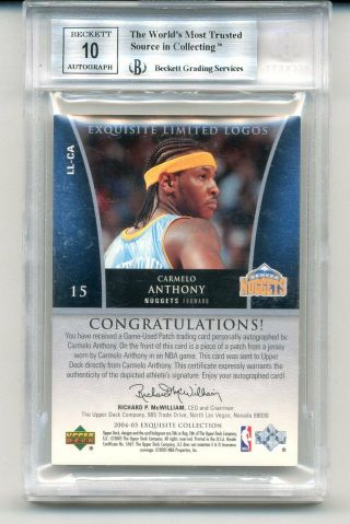 Carmelo Anthony 2004 - 05 UD Exquisite Limited Logos Auto Patch 46/50 BGS 9 2